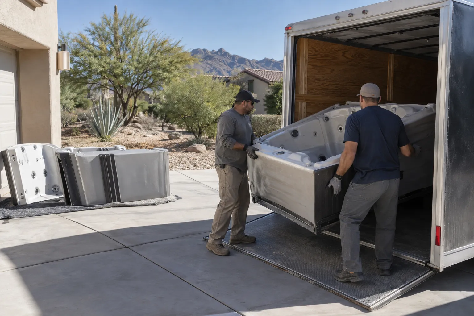 Crew loading spa sections into a hauling trailer